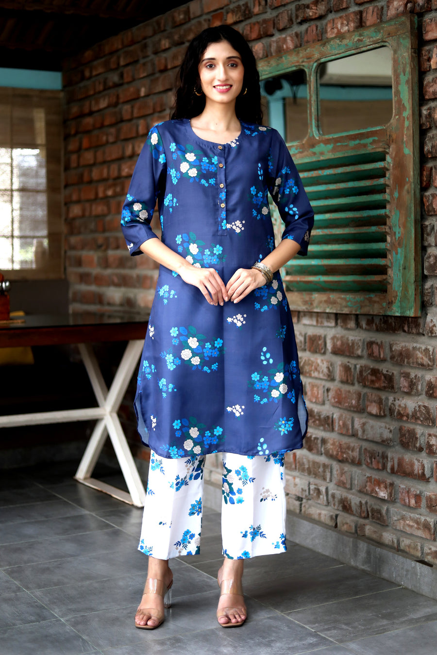 Mindnight Blue  Cord Set In Cotton  With Delicate Floral Print With Blue Prints Matching Cotton Pants - Kurta & Pant