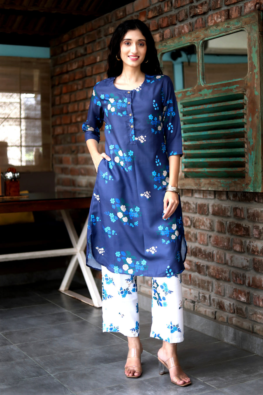 Mindnight Blue  Cord Set In Cotton  With Delicate Floral Print With Blue Prints Matching Cotton Pants - Kurta & Pant