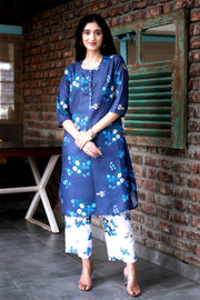 Mindnight Blue  Cord Set In Cotton  With Delicate Floral Print With Blue Prints Matching Cotton Pants - Kurta & Pant