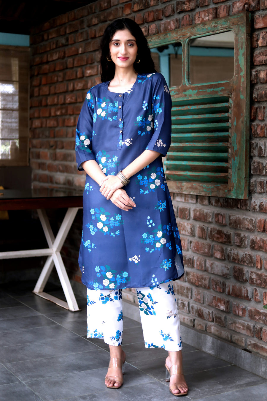 Mindnight Blue  Cord Set In Cotton  With Delicate Floral Print With Blue Prints Matching Cotton Pants - Kurta & Pant
