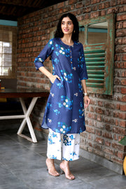 Mindnight Blue  Cord Set In Cotton  With Delicate Floral Print With Blue Prints Matching Cotton Pants - Kurta & Pant