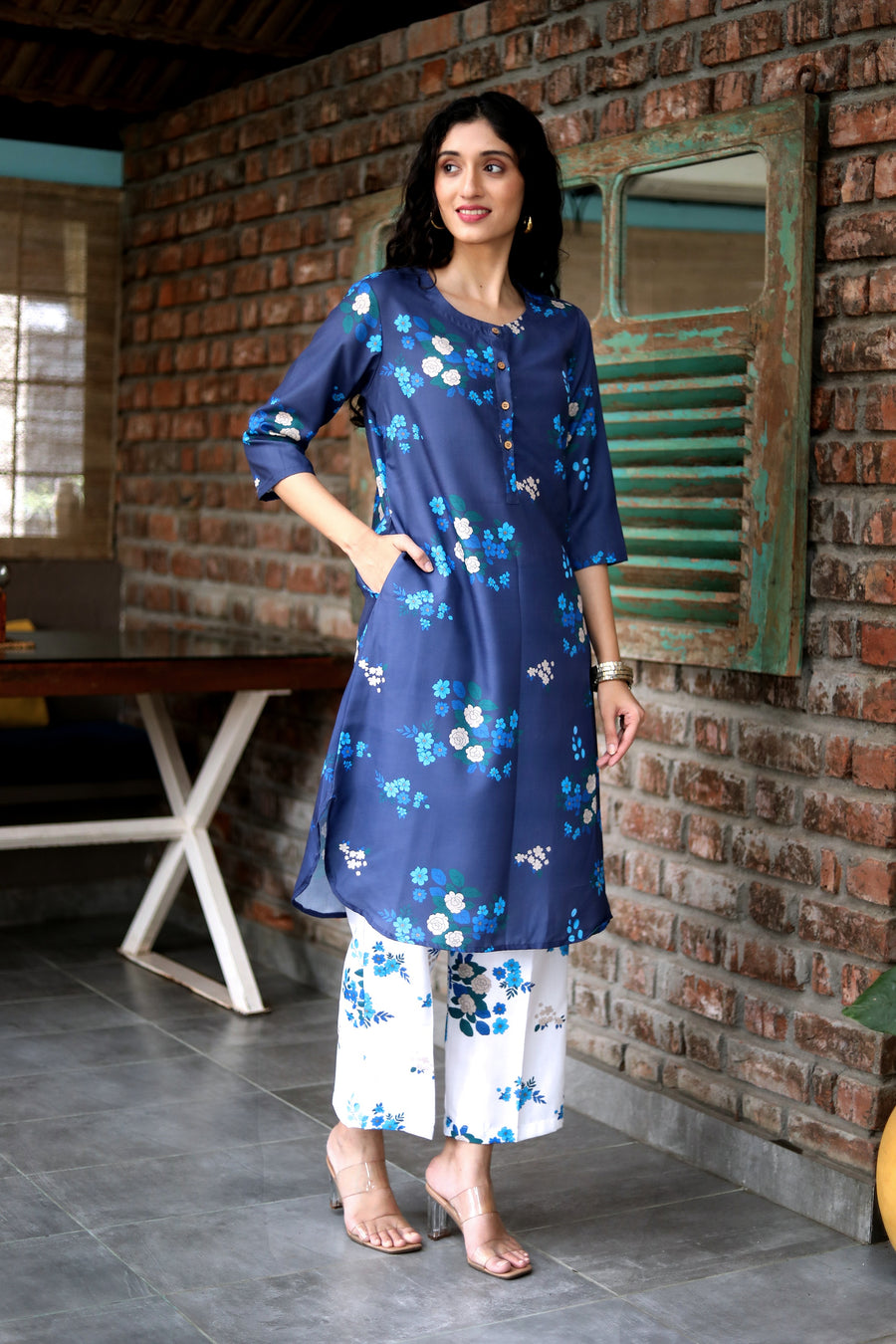Mindnight Blue  Cord Set In Cotton  With Delicate Floral Print With Blue Prints Matching Cotton Pants - Kurta & Pant