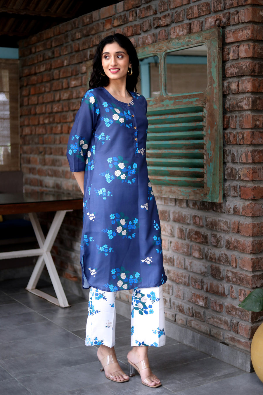 Mindnight Blue  Cord Set In Cotton  With Delicate Floral Print With Blue Prints Matching Cotton Pants - Kurta & Pant