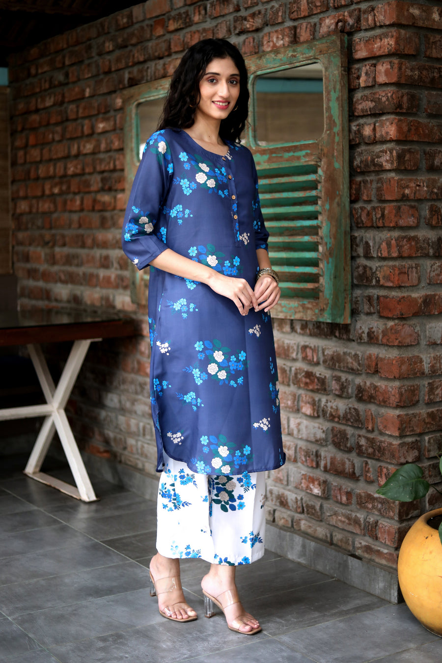 Mindnight Blue  Cord Set In Cotton  With Delicate Floral Print With Blue Prints Matching Cotton Pants - Kurta & Pant