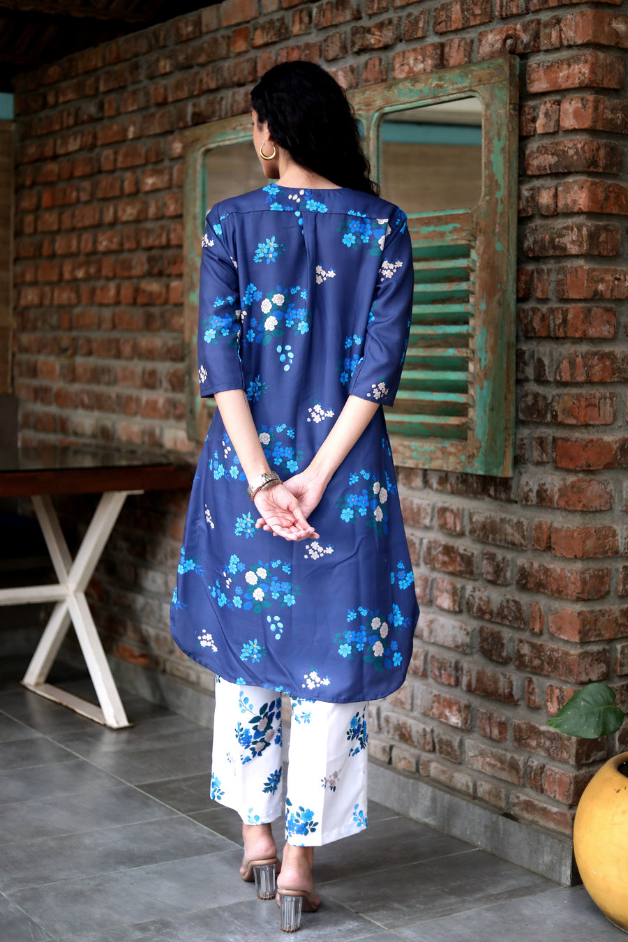Mindnight Blue  Cord Set In Cotton  With Delicate Floral Print With Blue Prints Matching Cotton Pants - Kurta & Pant