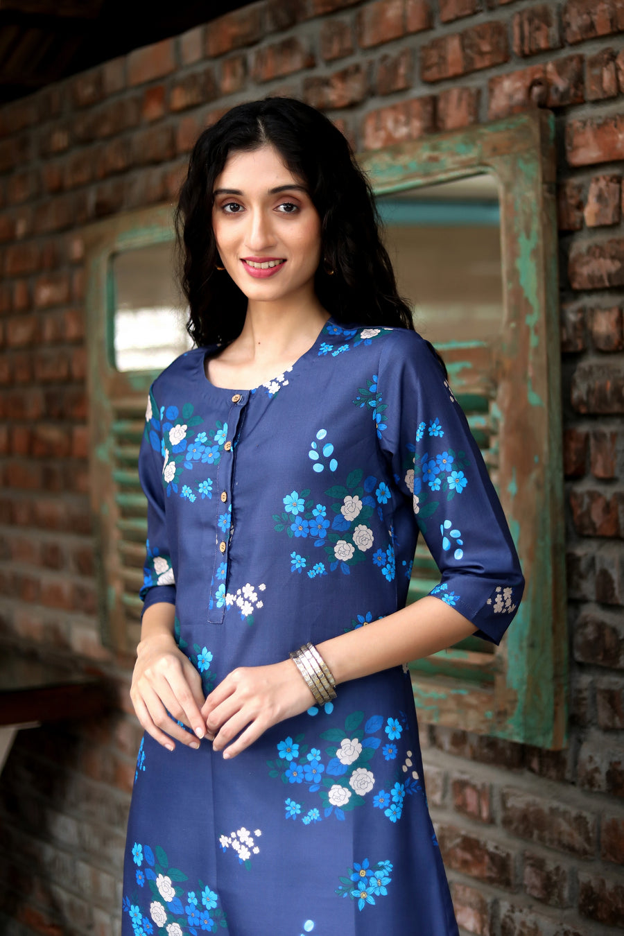 Mindnight Blue  Cord Set In Cotton  With Delicate Floral Print With Blue Prints Matching Cotton Pants - Kurta & Pant
