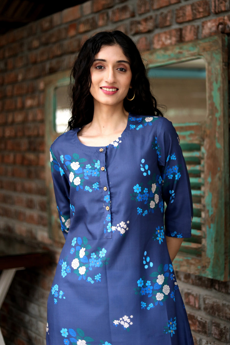 Mindnight Blue  Cord Set In Cotton  With Delicate Floral Print With Blue Prints Matching Cotton Pants - Kurta & Pant