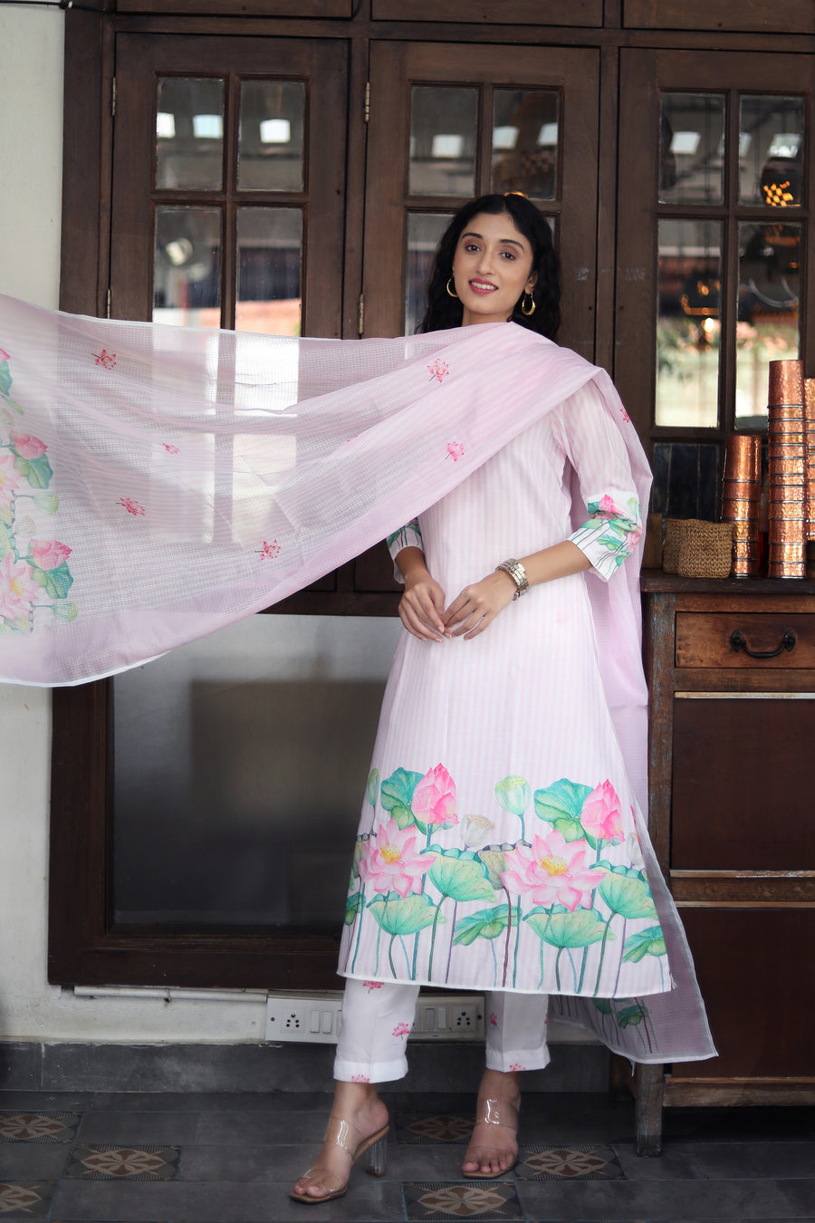 Pale Pink Pure Cotton Kurta With Vintage Lotus Design Muslin Pants With Modal-kota Dupatta - Kurta & Pant & Duppata