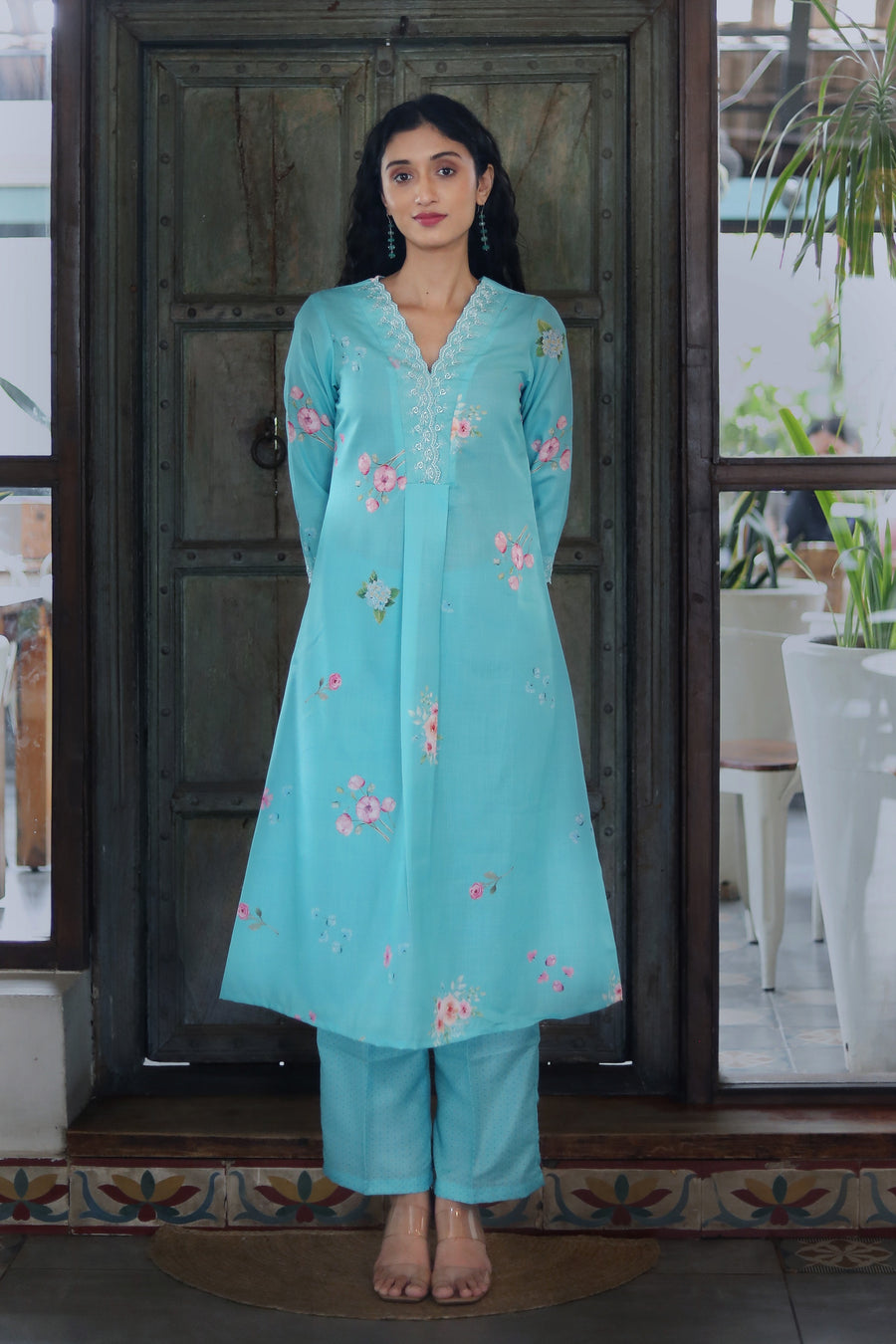 Turquoise Blue Cotton Kurta With Vintage Floral Design Dotted Muslin Pants Chanderi Dupatta - Kurta & Pant & Duppata