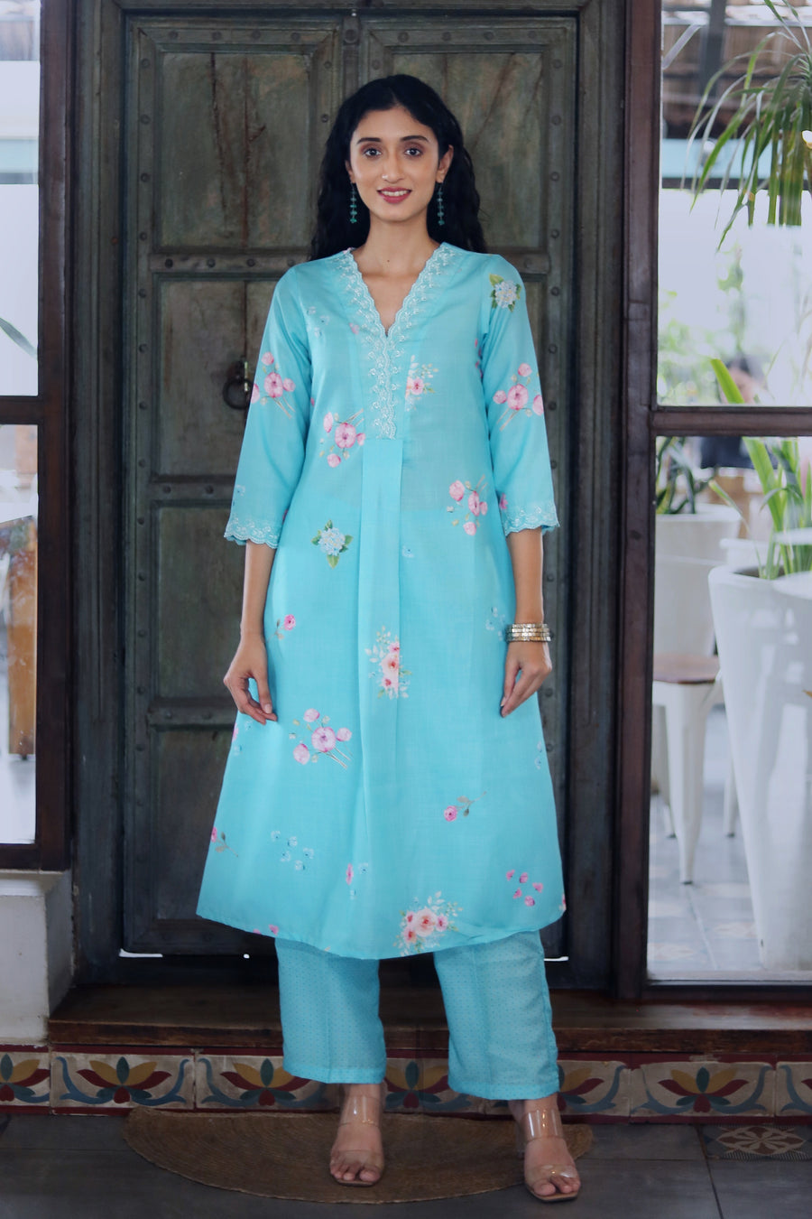 Turquoise Blue Cotton Kurta With Vintage Floral Design Dotted Muslin Pants Chanderi Dupatta - Kurta & Pant & Duppata