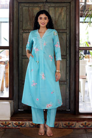 Turquoise Blue Cotton Kurta With Vintage Floral Design Dotted Muslin Pants Chanderi Dupatta - Kurta & Pant & Duppata