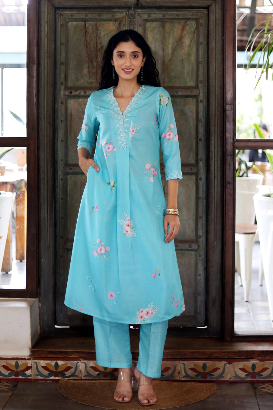 Turquoise Blue Cotton Kurta With Vintage Floral Design Dotted Muslin Pants Chanderi Dupatta - Kurta & Pant & Duppata