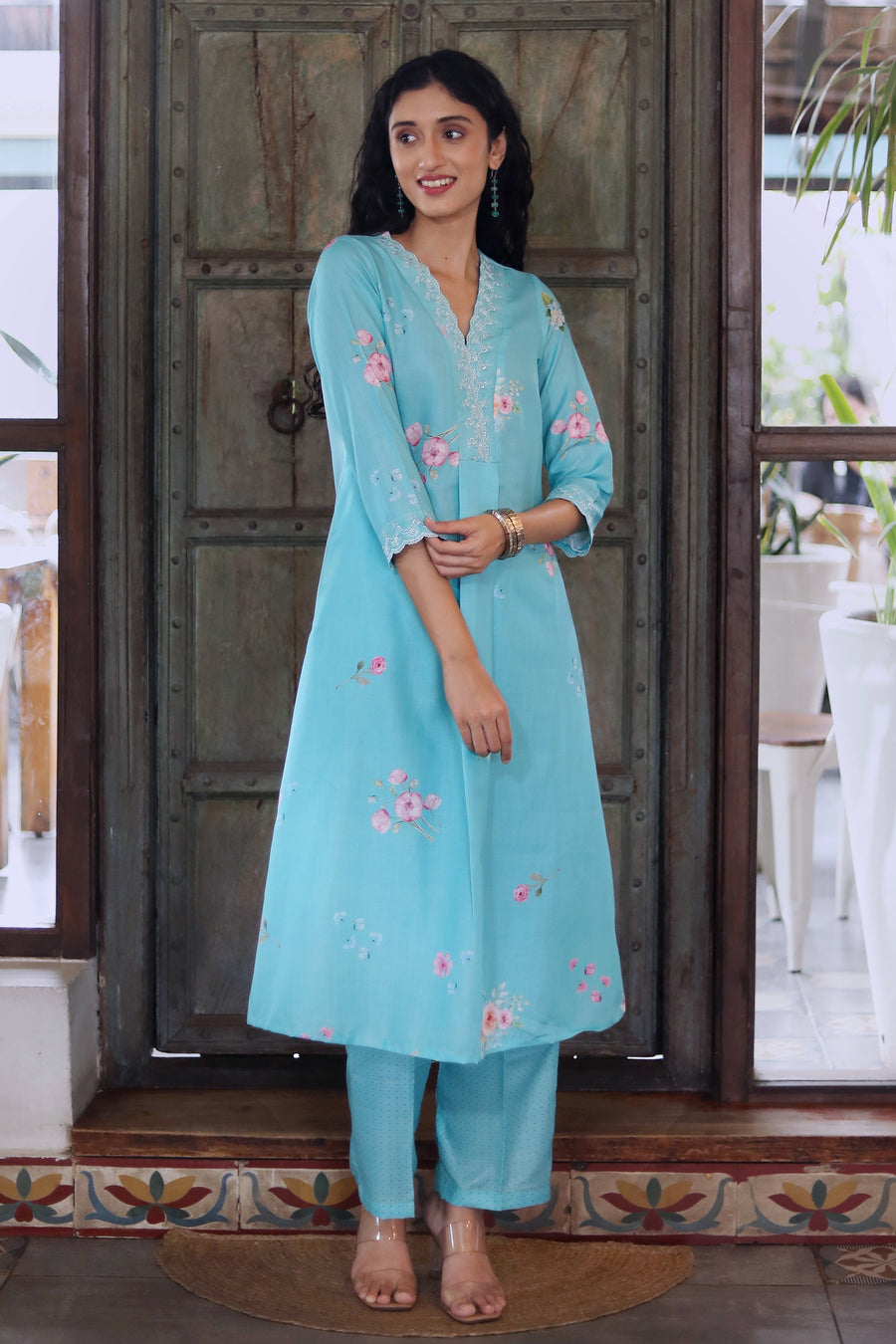 Turquoise Blue Cotton Kurta With Vintage Floral Design Dotted Muslin Pants Chanderi Dupatta - Kurta & Pant & Duppata