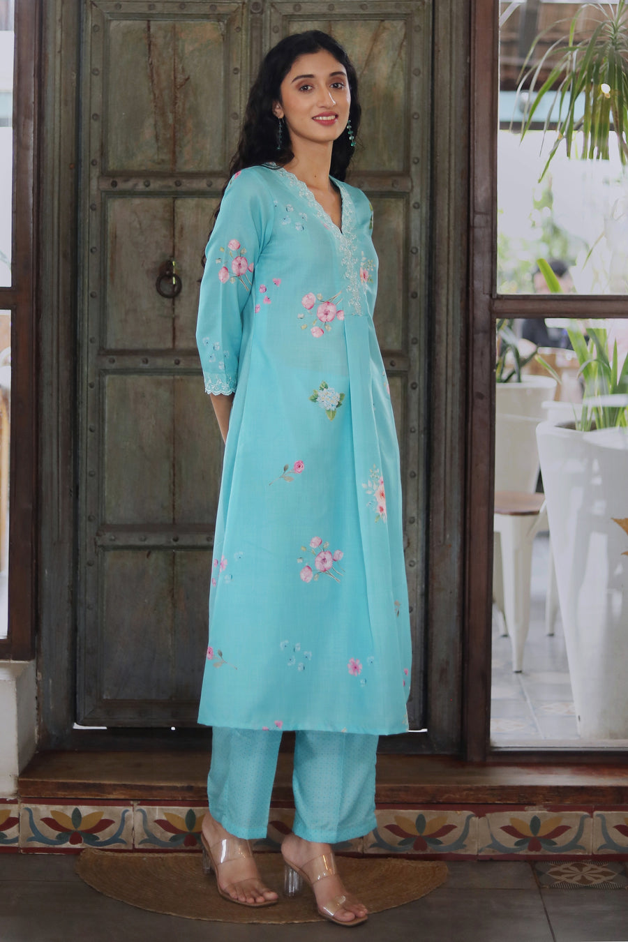 Turquoise Blue Cotton Kurta With Vintage Floral Design Dotted Muslin Pants Chanderi Dupatta - Kurta & Pant & Duppata