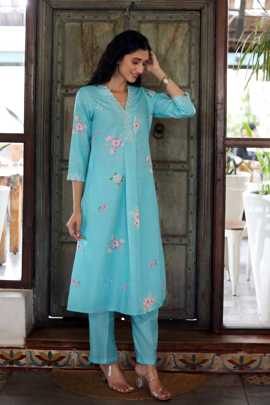 Turquoise Blue Cotton Kurta With Vintage Floral Design Dotted Muslin Pants Chanderi Dupatta - Kurta & Pant & Duppata