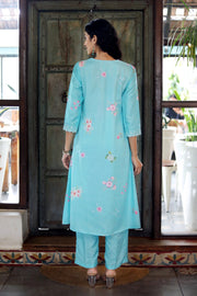 Turquoise Blue Cotton Kurta With Vintage Floral Design Dotted Muslin Pants Chanderi Dupatta - Kurta & Pant & Duppata