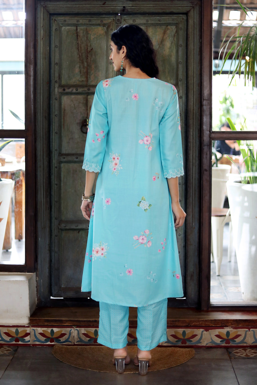 Turquoise Blue Cotton Kurta With Vintage Floral Design Dotted Muslin Pants Chanderi Dupatta - Kurta & Pant & Duppata
