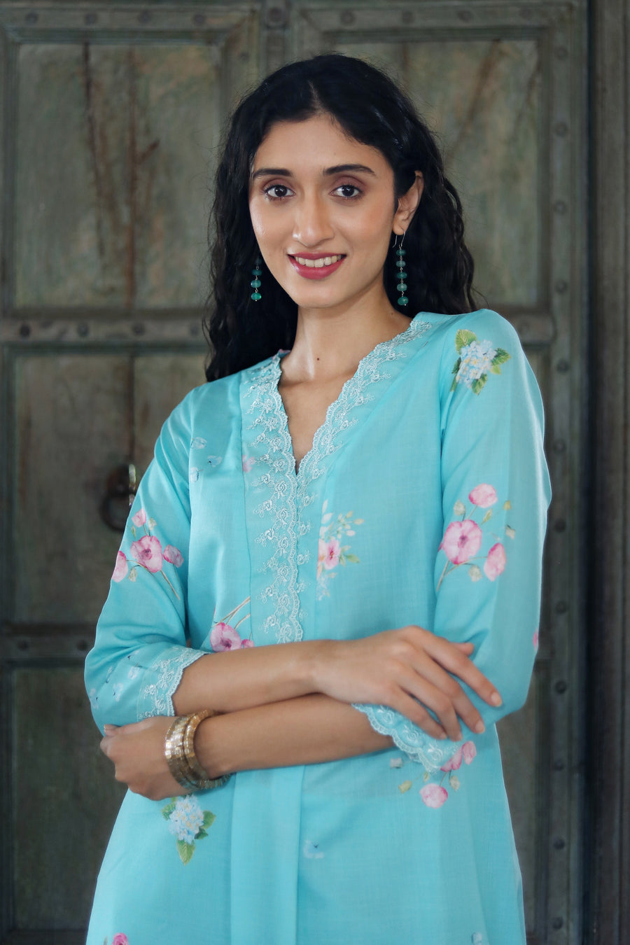 Turquoise Blue Cotton Kurta With Vintage Floral Design Dotted Muslin Pants Chanderi Dupatta - Kurta & Pant & Duppata