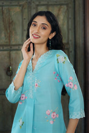 Turquoise Blue Cotton Kurta With Vintage Floral Design Dotted Muslin Pants Chanderi Dupatta - Kurta & Pant & Duppata