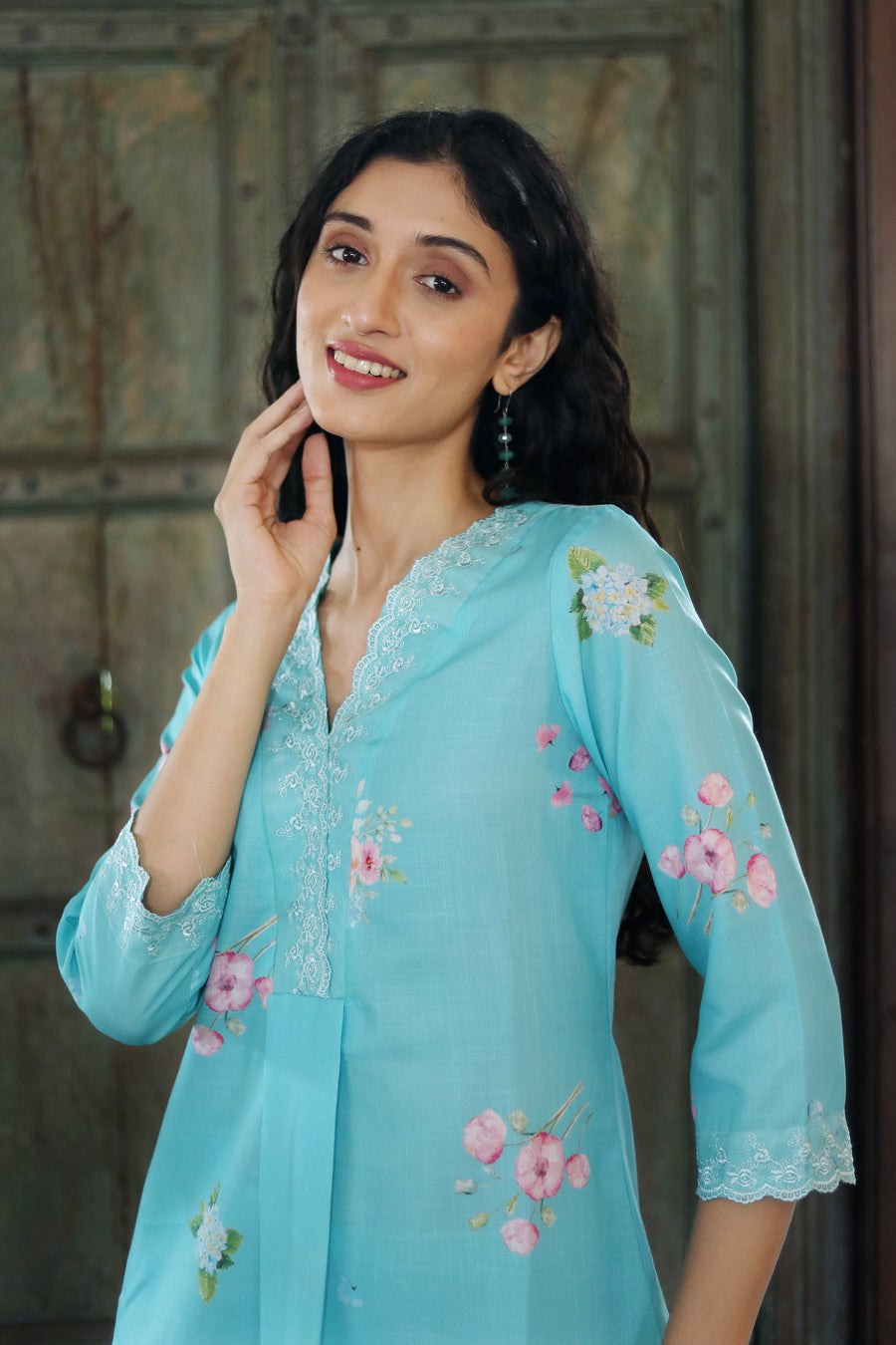 Turquoise Blue Cotton Kurta With Vintage Floral Design Dotted Muslin Pants Chanderi Dupatta - Kurta & Pant & Duppata