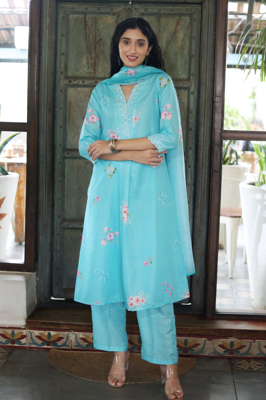 Turquoise Blue Cotton Kurta With Vintage Floral Design Dotted Muslin Pants Chanderi Dupatta - Kurta & Pant & Duppata