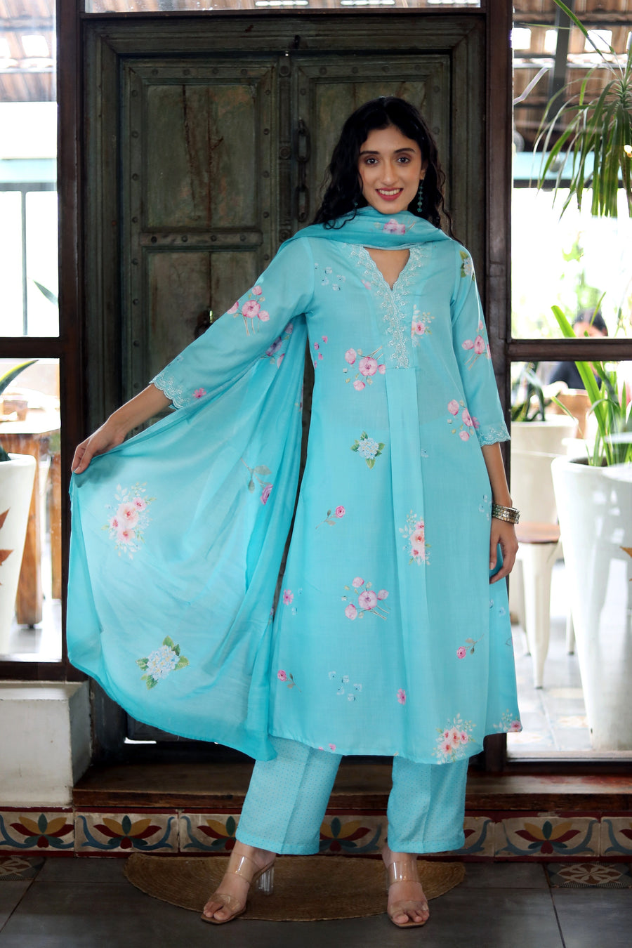 Turquoise Blue Cotton Kurta With Vintage Floral Design Dotted Muslin Pants Chanderi Dupatta - Kurta & Pant & Duppata