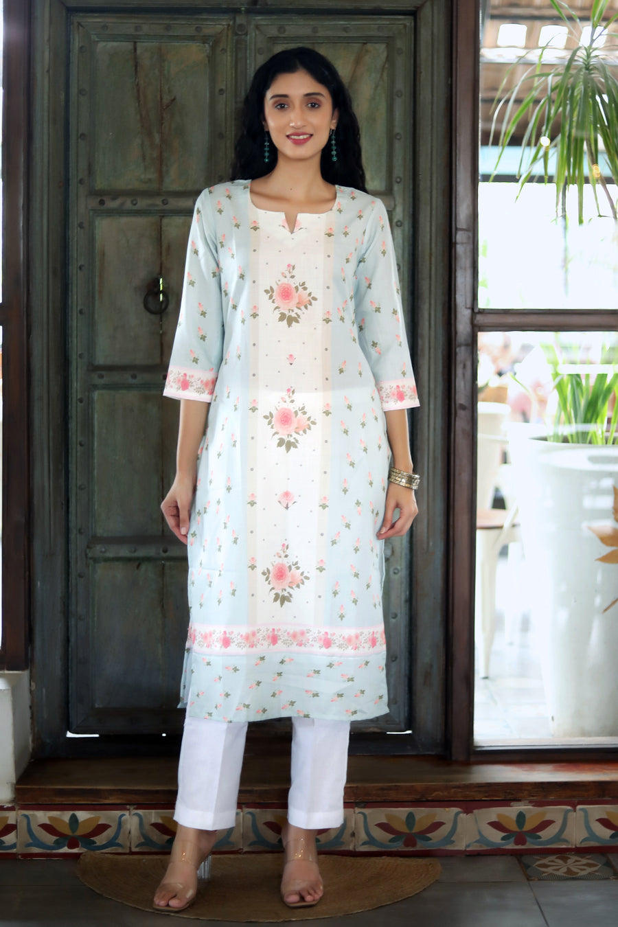 Clear Day Blue- Teal Pure Cotton Kurta With Vintage Floral Design And White Cotton Pants With Chanderi Dupatta - Kurta & Pant & Dupatta