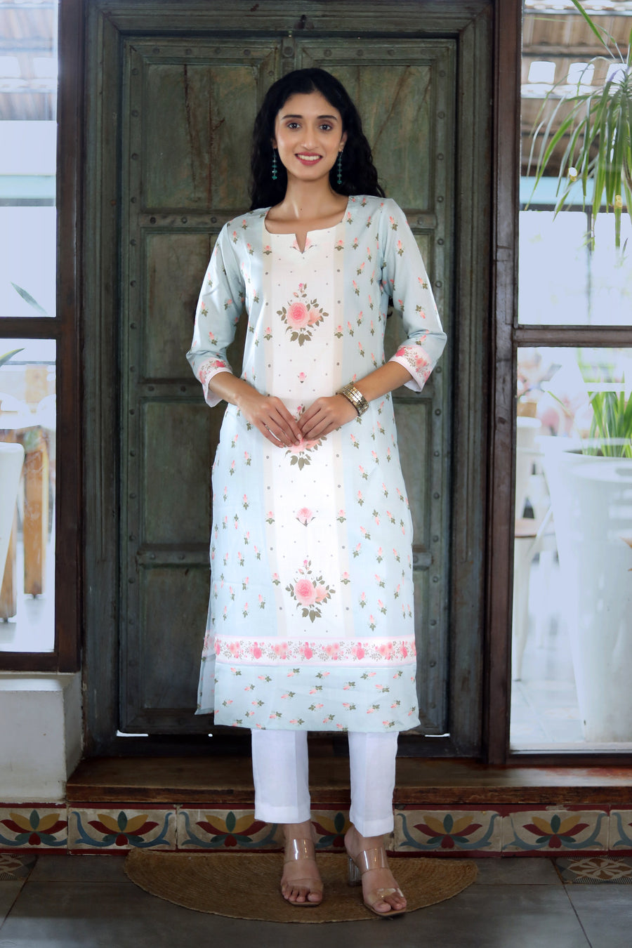 Clear Day Blue- Teal Pure Cotton Kurta With Vintage Floral Design And White Cotton Pants With Chanderi Dupatta - Kurta & Pant & Dupatta