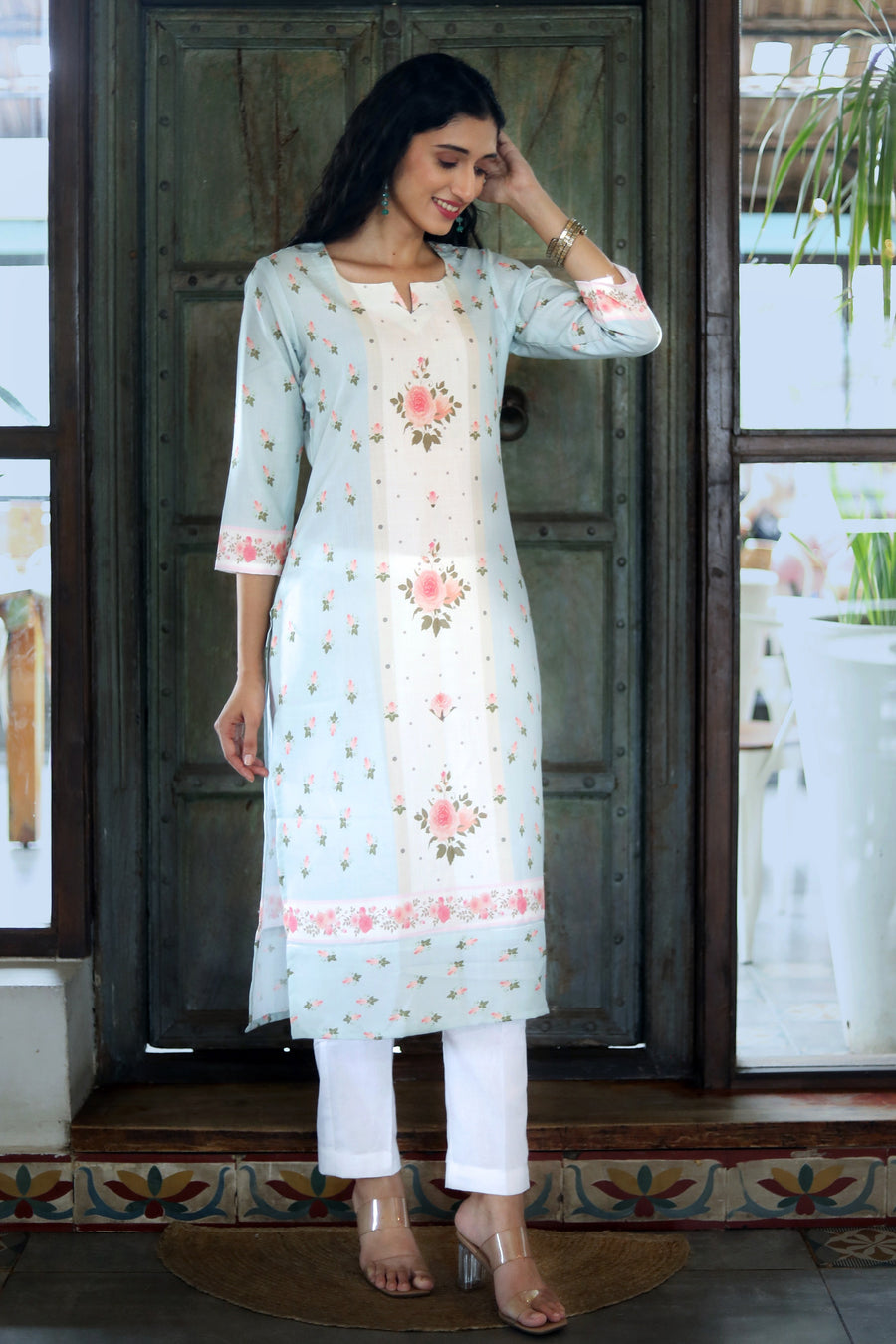 Clear Day Blue- Teal Pure Cotton Kurta With Vintage Floral Design And White Cotton Pants With Chanderi Dupatta - Kurta & Pant & Dupatta
