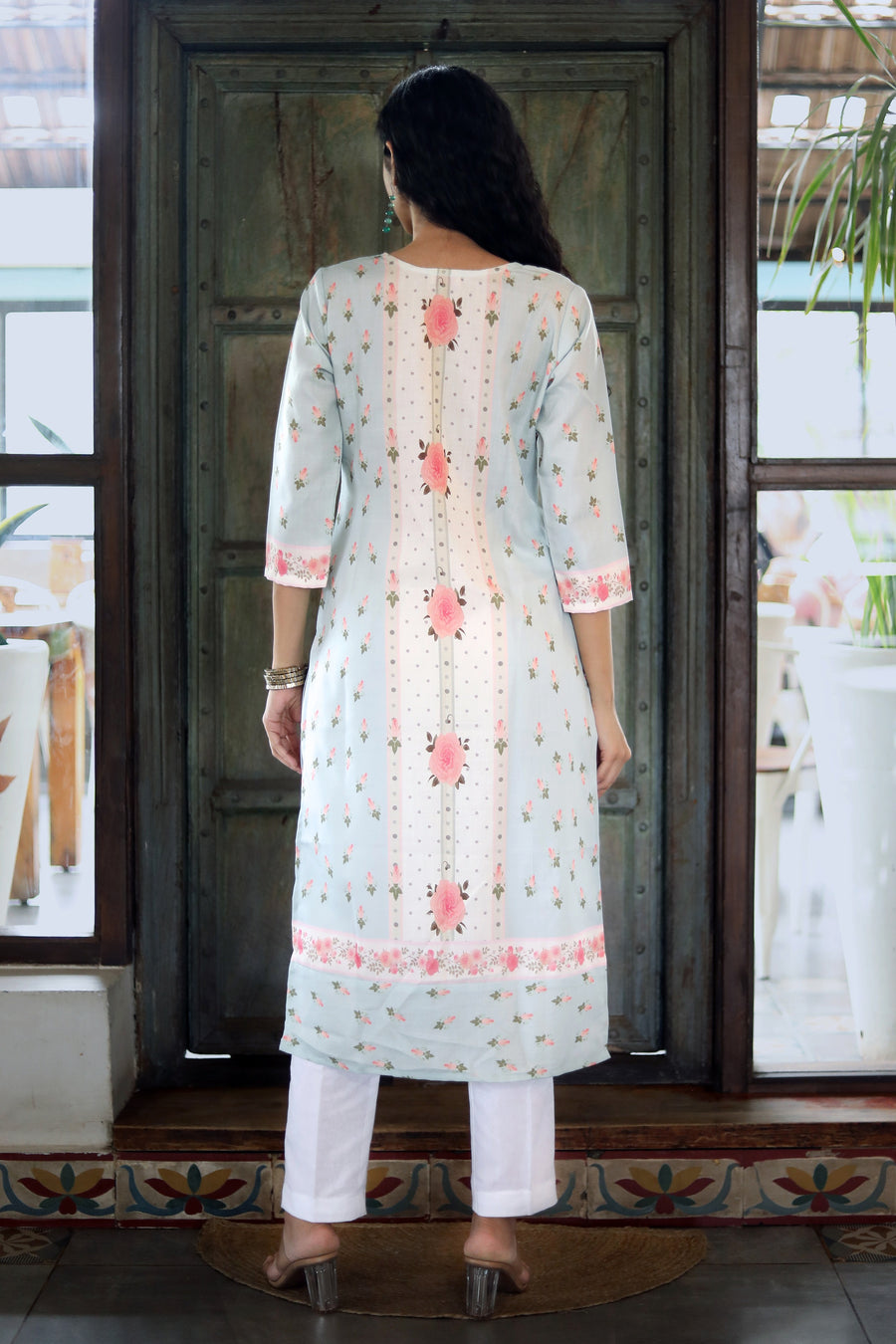 Clear Day Blue- Teal Pure Cotton Kurta With Vintage Floral Design And White Cotton Pants With Chanderi Dupatta - Kurta & Pant & Dupatta