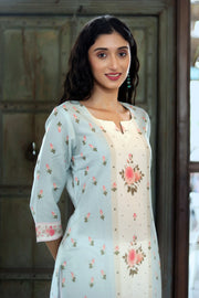 Clear Day Blue- Teal Pure Cotton Kurta With Vintage Floral Design And White Cotton Pants With Chanderi Dupatta - Kurta & Pant & Dupatta