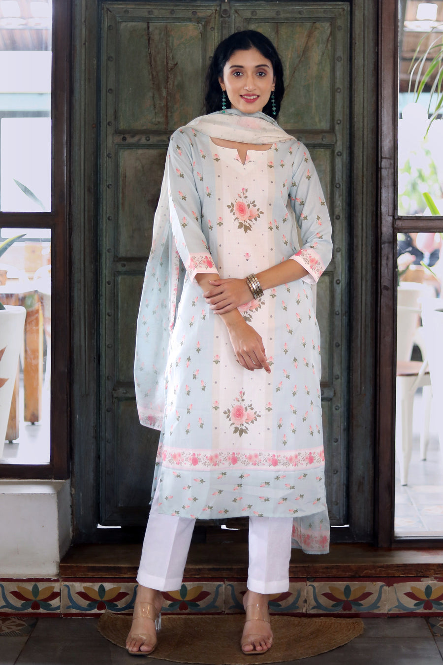 Clear Day Blue- Teal Pure Cotton Kurta With Vintage Floral Design And White Cotton Pants With Chanderi Dupatta - Kurta & Pant & Dupatta