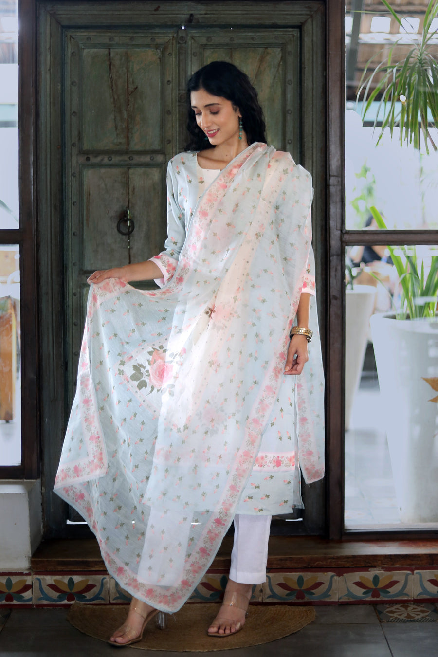 Clear Day Blue- Teal Pure Cotton Kurta With Vintage Floral Design And White Cotton Pants With Chanderi Dupatta - Kurta & Pant & Dupatta