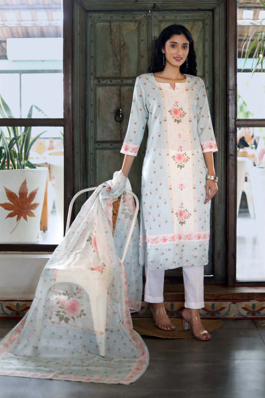 Clear Day Blue- Teal Pure Cotton Kurta With Vintage Floral Design And White Cotton Pants With Chanderi Dupatta - Kurta & Pant & Dupatta