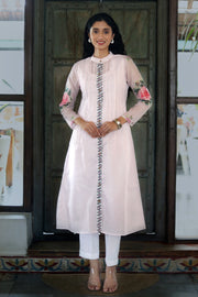 Off White Chanderi Jacket/kurta  With Baby Pink  Stripes With A Sleevless Cotton Crop Top And Pants - Kurta & Pant