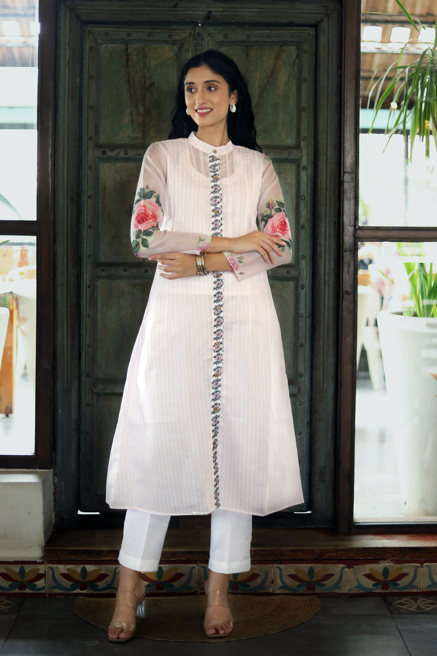 Off White Chanderi Jacket/kurta  With Baby Pink  Stripes With A Sleevless Cotton Crop Top And Pants - Kurta & Pant