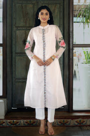Off White Chanderi Jacket/kurta  With Baby Pink  Stripes With A Sleevless Cotton Crop Top And Pants - Kurta & Pant