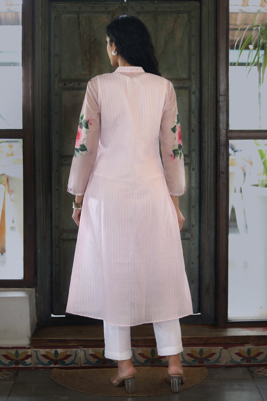 Off White Chanderi Jacket/kurta  With Baby Pink  Stripes With A Sleevless Cotton Crop Top And Pants - Kurta & Pant