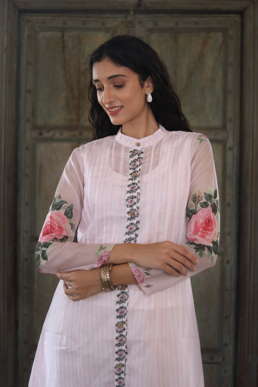 Off White Chanderi Jacket/kurta  With Baby Pink  Stripes With A Sleevless Cotton Crop Top And Pants - Kurta & Pant