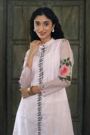 Off White Chanderi Jacket/kurta  With Baby Pink  Stripes With A Sleevless Cotton Crop Top And Pants - Kurta & Pant