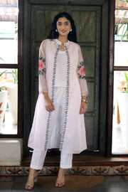 Off White Chanderi Jacket/kurta  With Baby Pink  Stripes With A Sleevless Cotton Crop Top And Pants - Kurta & Pant
