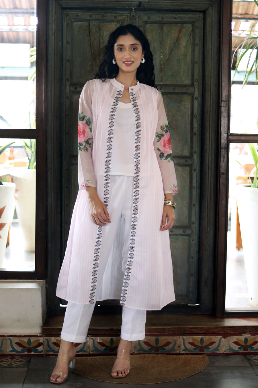 Off White Chanderi Jacket/kurta  With Baby Pink  Stripes With A Sleevless Cotton Crop Top And Pants - Kurta & Pant
