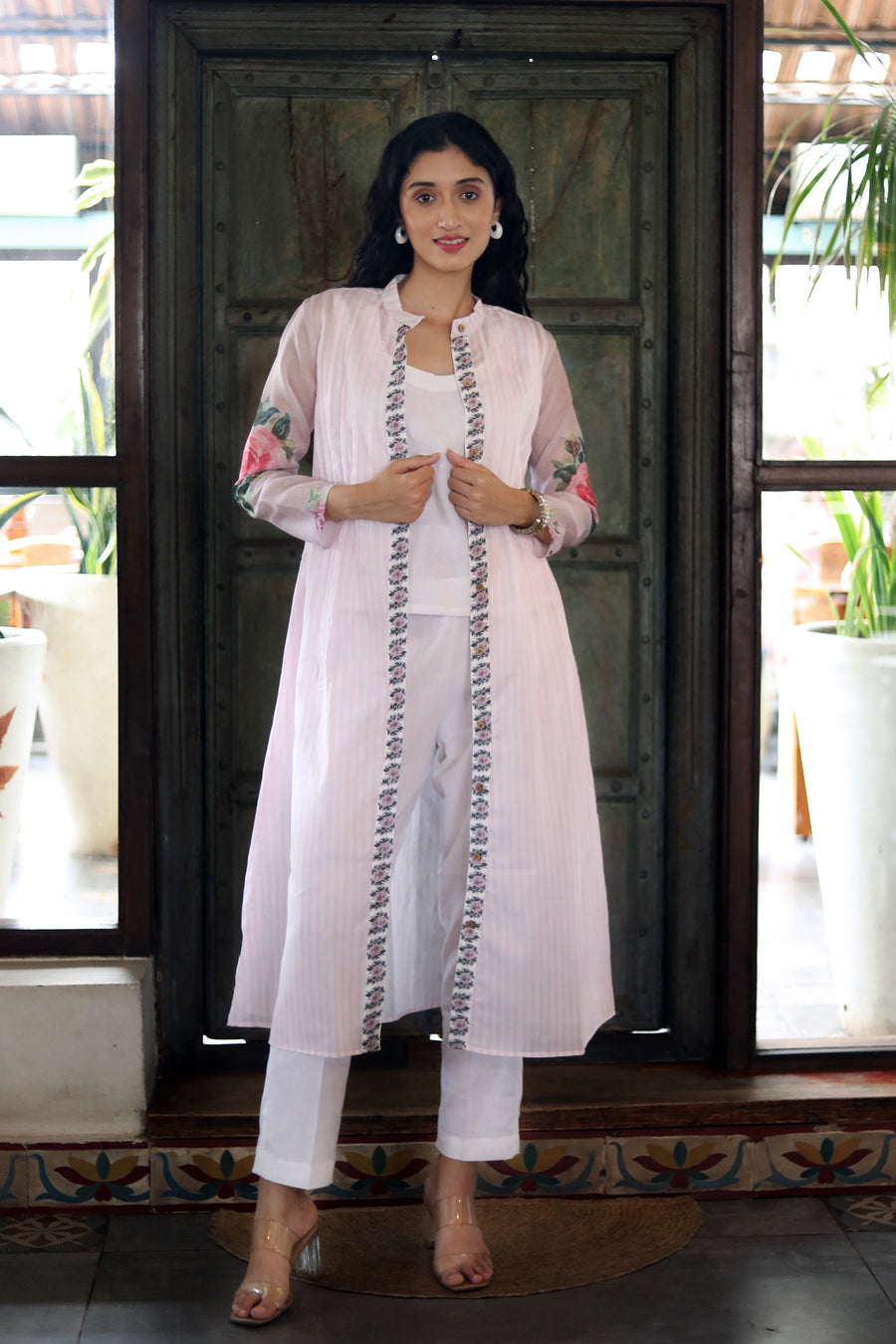 Off White Chanderi Jacket/kurta  With Baby Pink  Stripes With A Sleevless Cotton Crop Top And Pants - Kurta & Pant