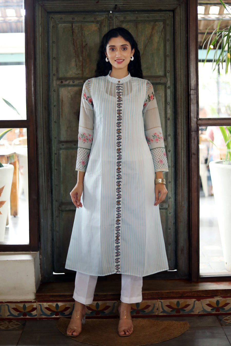 Off White Chanderi Jacket/kurta  With Baby Blue Stripes With A Sleevless Cotton Crop Top And Pants - Kurta & Pant
