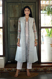 Off White Chanderi Jacket/kurta  With Baby Blue Stripes With A Sleevless Cotton Crop Top And Pants - Kurta & Pant
