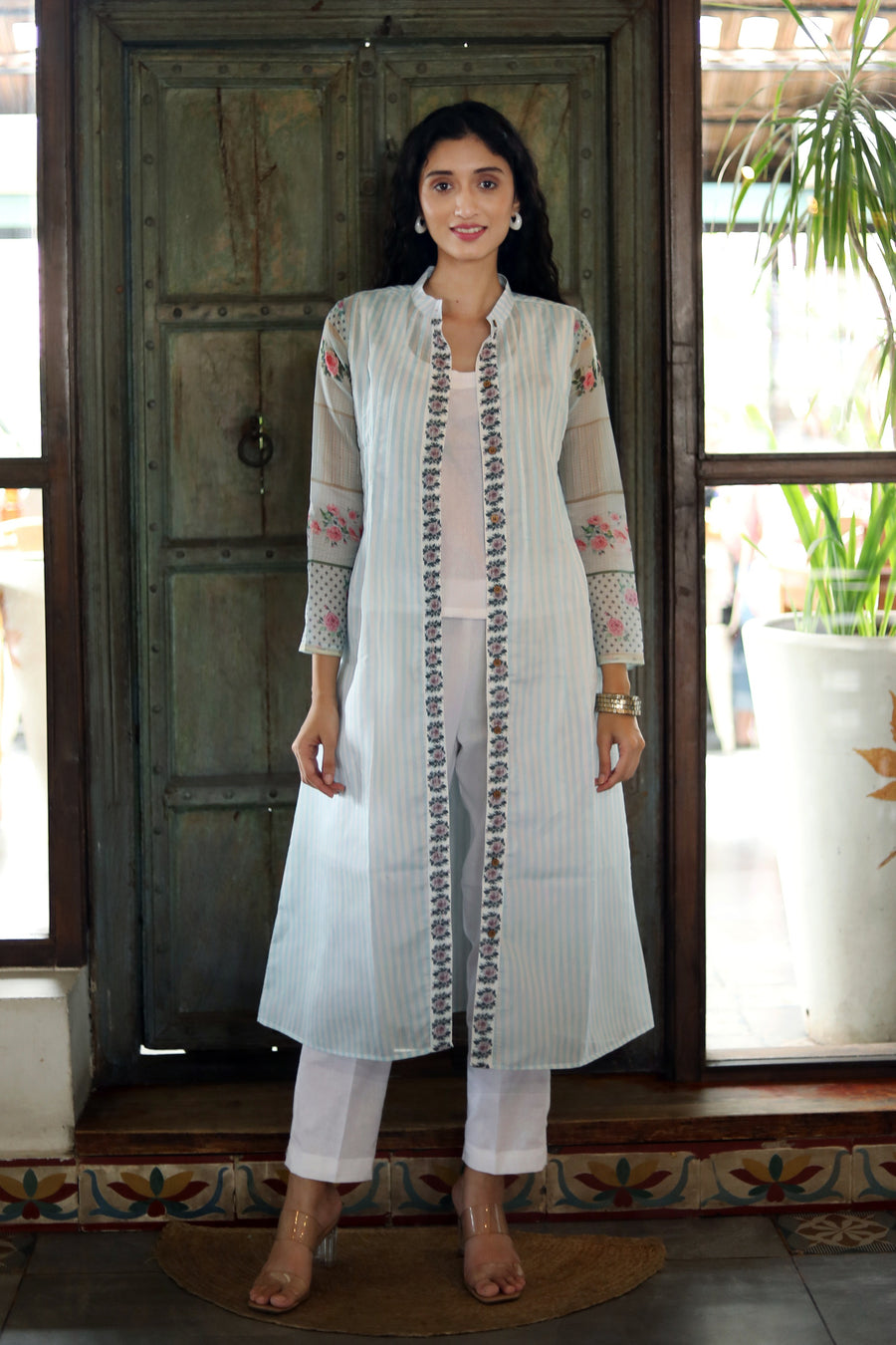 Off White Chanderi Jacket/kurta  With Baby Blue Stripes With A Sleevless Cotton Crop Top And Pants - Kurta & Pant
