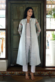 Off White Chanderi Jacket/kurta  With Baby Blue Stripes With A Sleevless Cotton Crop Top And Pants - Kurta & Pant