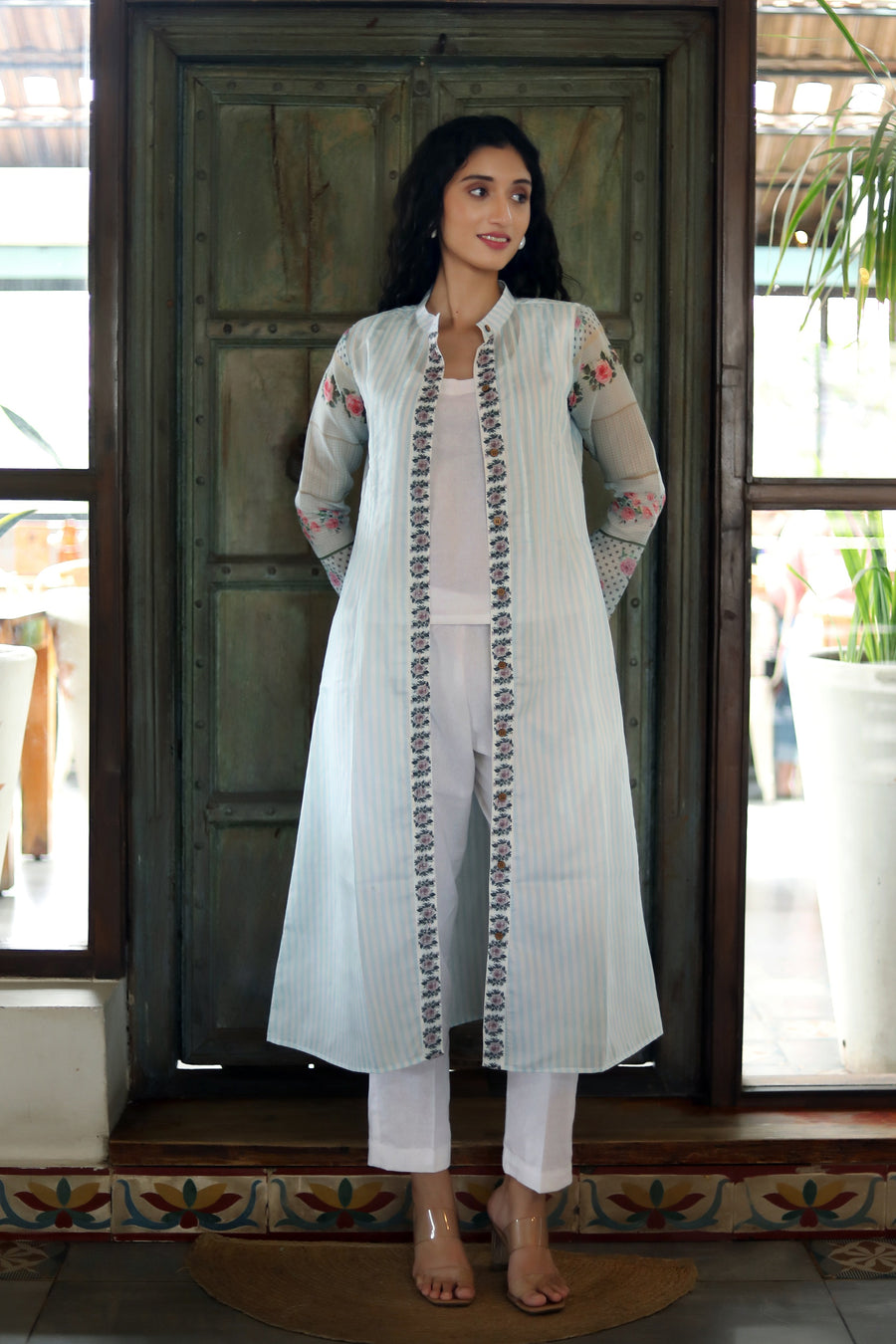 Off White Chanderi Jacket/kurta  With Baby Blue Stripes With A Sleevless Cotton Crop Top And Pants - Kurta & Pant