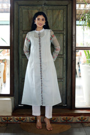 Off White Chanderi Jacket/kurta  With Baby Blue Stripes With A Sleevless Cotton Crop Top And Pants - Kurta & Pant