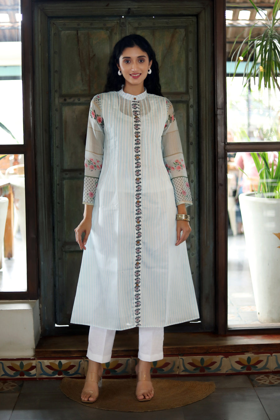 Off White Chanderi Jacket/kurta  With Baby Blue Stripes With A Sleevless Cotton Crop Top And Pants - Kurta & Pant
